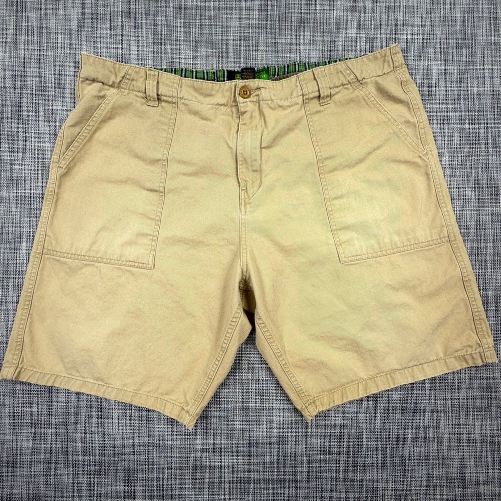 John Deere Mens Utility Work Shorts 42 Tan Cotton Flat Front Patch Pockets